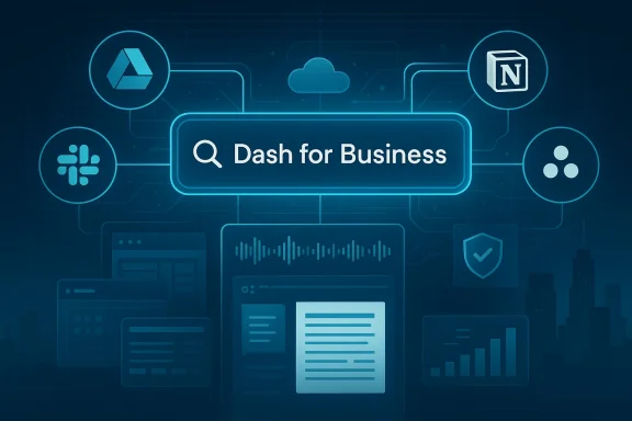 A futuristic dashboard hub linking business apps around a central 'Dash for Business' search bar.