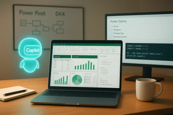 A desk setup with a neon Copilot hologram beside a laptop displaying data dashboards.