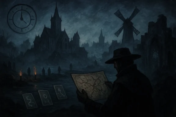 A cloaked man studies a map in a moonlit, eerie town with a windmill and jagged towers.
