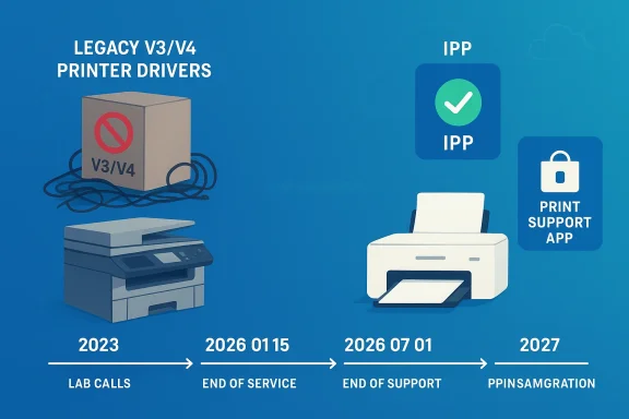 Timeline of legacy V3/V4 printer drivers ending service and moving to IPP and Print Support App.