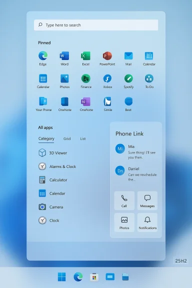 Windows-style start menu showcasing app icons and a Phone Link panel against a blue gradient background.