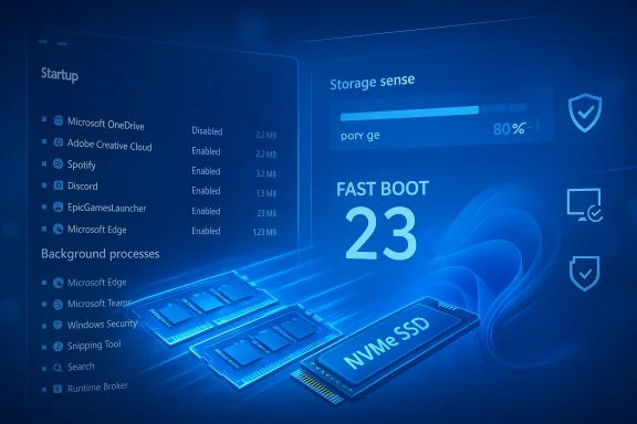 Futuristic blue UI showing startup apps, storage progress, and fast-boot NVMe SSD.