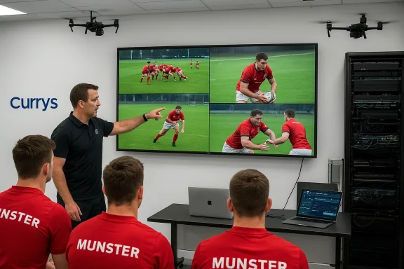 Coach analyzes Munster rugby drills on a multi-screen wall for players in a Currys training room.