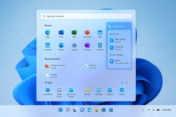 Windows 11-style desktop with a large app grid and a blue Phone Link panel.