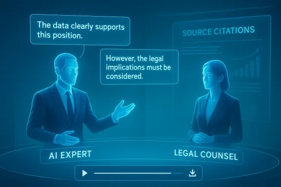 Holographic exchange between an AI expert and legal counsel about data and implications.