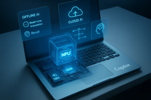 A futuristic laptop with glowing holographic AI panels, highlighting NPU and RAM.