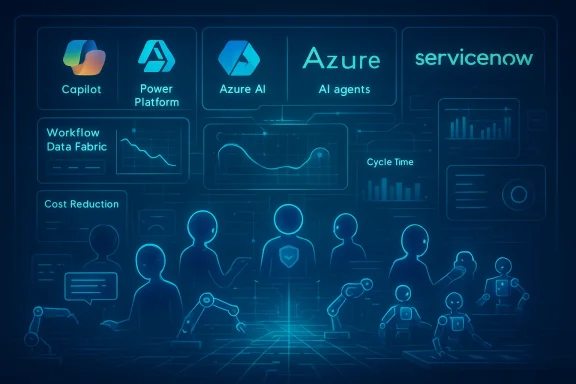 Futuristic blue AI dashboard featuring Azure AI, AI agents, Capilot, Power Platform, and robots.