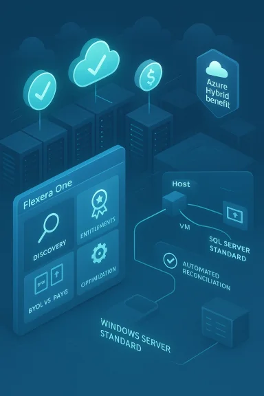 Isometric illustration of Azure Hybrid Benefit with cloud icons, servers, and Flexera One modules.