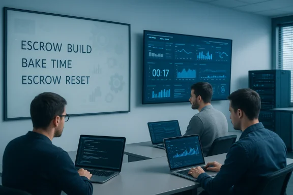 Three developers work on laptops as data dashboards fill a wall screen in a modern office.
