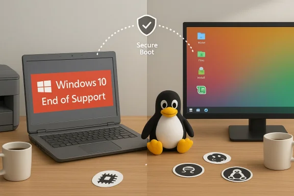 Secure Boot diagram shows Windows 10 End of Support laptop beside a Linux desktop.