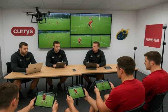 Munster rugby coaches review training footage on tablets in a multi-screen analytics room.