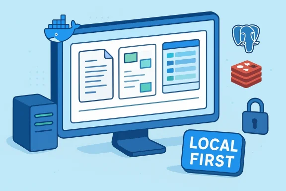 Blue illustration of a computer monitor showing documents and UI panels, with a 'LOCAL FIRST' sign.