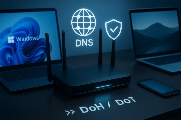 A wireless router on a desk with DNS icons, illustrating DoH/DOT in a tech setup.