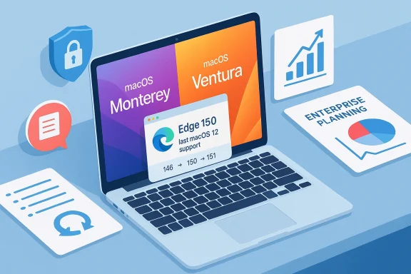 MacBook displays macOS Monterey and Ventura with enterprise planning charts and upgrade notes.