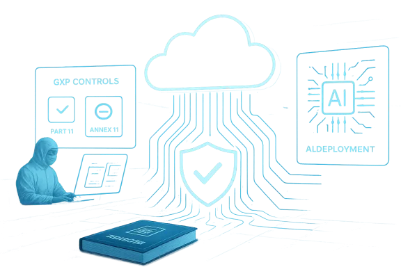 Blue neon cloud security illustration featuring a shield, AI chip, and a hooded coder at a laptop.