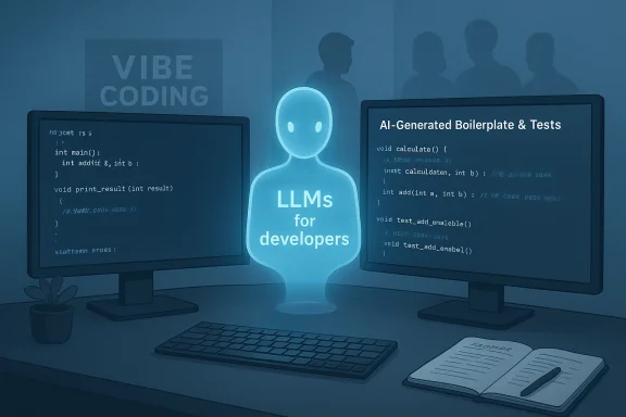A glowing figure labeled 'LLMs for developers' stands between two monitors showing code and AI tests.