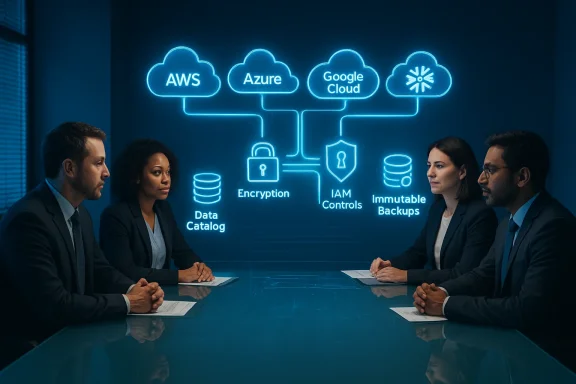 Four professionals discuss cloud security and data protection, with neon AWS, Azure and Google Cloud icons.