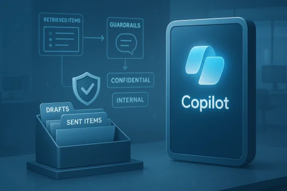Blue Copilot illustration showing a file tray labeled Drafts and Sent Items with security workflow diagrams.