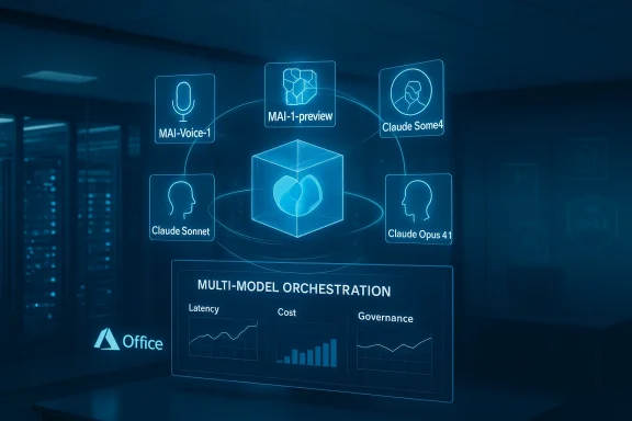 Blue holographic interface shows multi-model AI orchestration around a central cube.