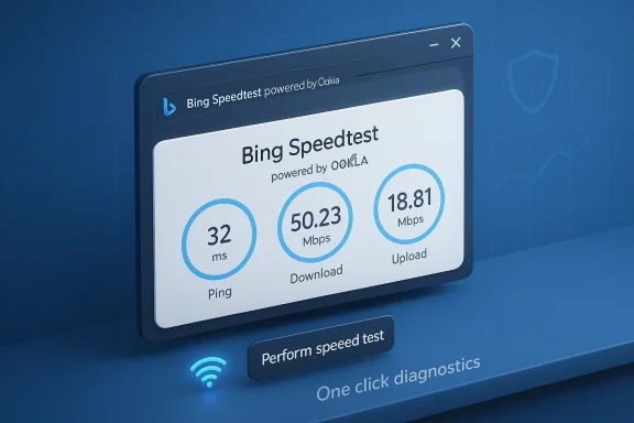 Bing Speedtest UI shows ping 32 ms, download 50.23 Mbps, and upload 18.81 Mbps. Bing Speedtest UI shows ping 32 ms, download 50.23 Mbps, and upload 18.81 Mbps.