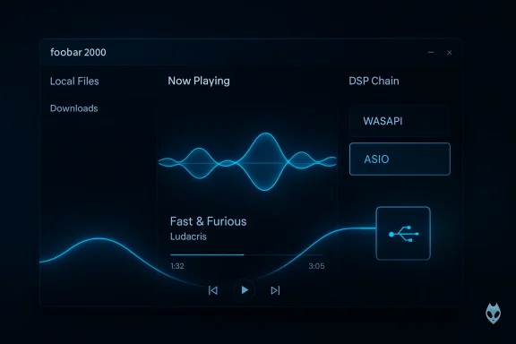 Dark futuristic music player UI featuring Now Playing waveform and DSP chain panels.