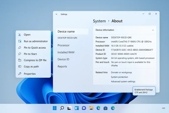 Windows-like Settings panel with System > About and a left-side context menu on a blue desktop.