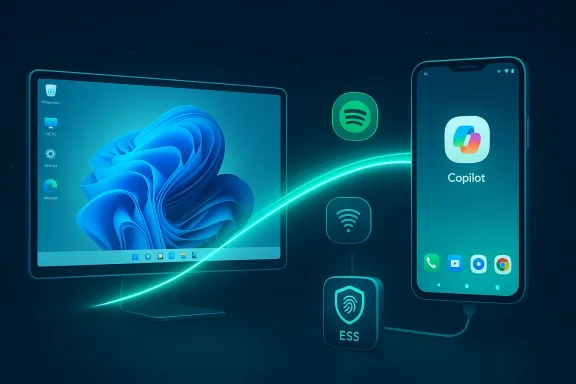 Neon-blue tech setup with a monitor and phone connected by a glowing wireless link.