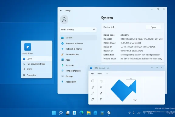 Windows 11 desktop showing the System Settings window with floating app windows on a blue wallpaper.