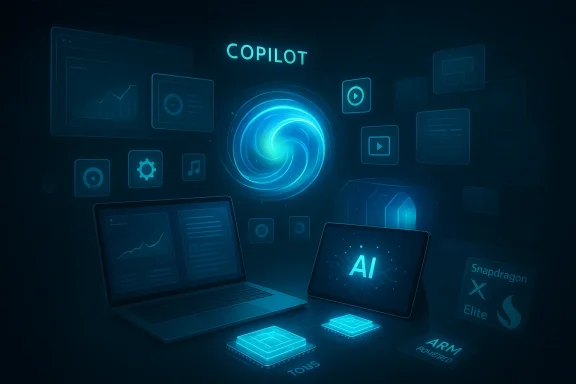 Blue neon AI hub named Copilot, surrounded by laptops, chips, and holographic UI.