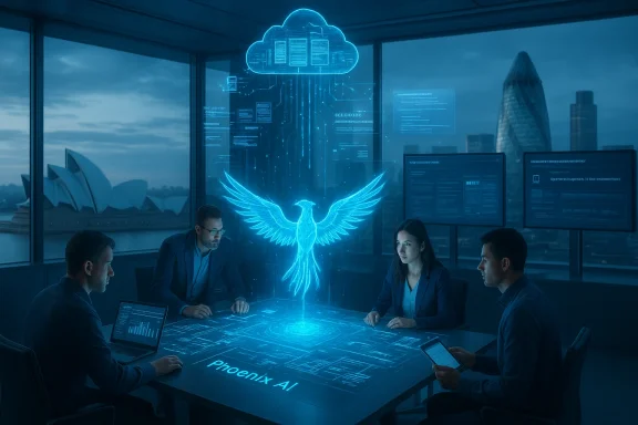 A business team sits around a table as a blue holographic Phoenix AI hovers above the digital surface.