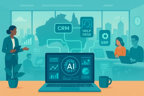 A team uses AI-powered analytics for CRM, ERP, and help desk in a modern office.