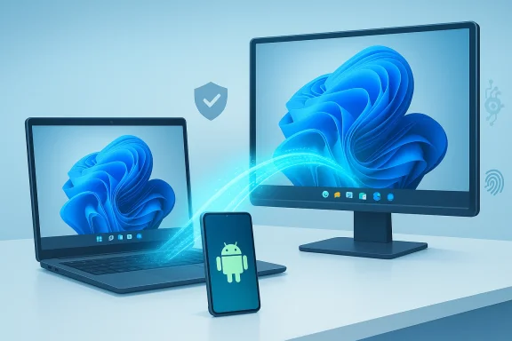 Android phone wirelessly syncs with a Windows laptop and an external monitor.