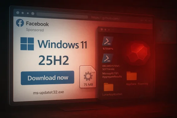 Screen shows a Facebook-sponsored Windows 11 ad (25H2) with a red-tinted terminal window overlay.