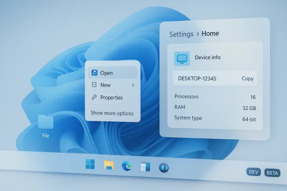 A Windows-like desktop with a large Settings panel and a context menu on a blue abstract background.