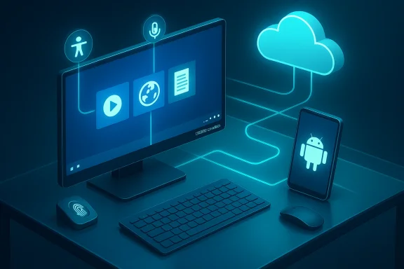 Neon-blue cloud-connected workstation with desktop, Android device, and floating app icons.
