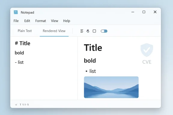 Notepad with a Markdown split view: raw on the left, rendered title, bold text, bullets, and an image on the right. Notepad with a Markdown split view: raw on the left, rendered title, bold text, bullets, and an image on the right.