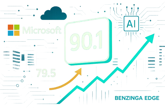 Microsoft stock at 90.1 shown on a neon rising chart with 79.5, signaling growth.