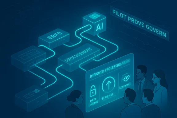 A neon isometric diagram showing AI-enabled procurement and improved processing with governance.
