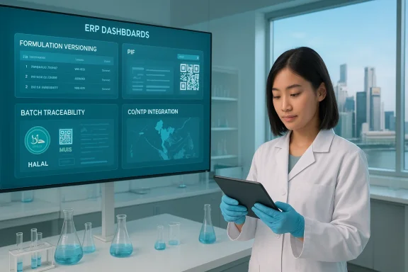 Scientist in a lab coat reviews ERP dashboards on a large screen.
