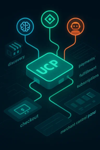 Neon isometric diagram of UCP linking discovery, payments, and fulfillment.