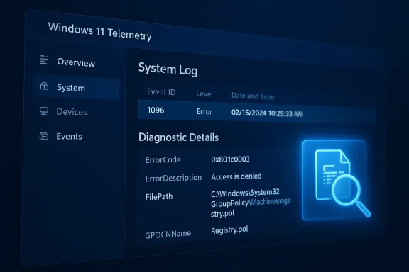 Windows 11 Telemetry dashboard displaying System Log and Diagnostic Details.