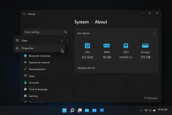 Dark Windows Settings window showing System > About with CPU, RAM, GPU, and Storage.