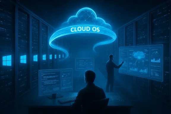 In a neon-blue server room, engineers interact with holographic screens for a Cloud OS.