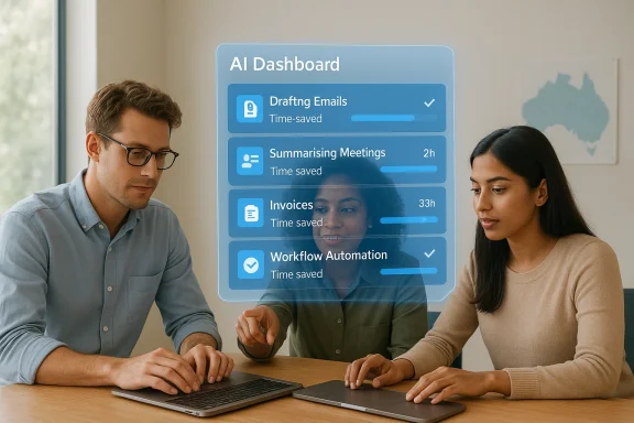 Two colleagues review a holographic AI dashboard showcasing time-saving tasks.