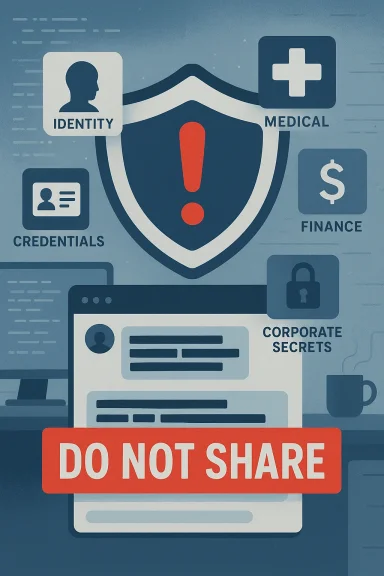 Security-themed illustration warning not to share sensitive data, with a shield and a 'Do Not Share' banner.