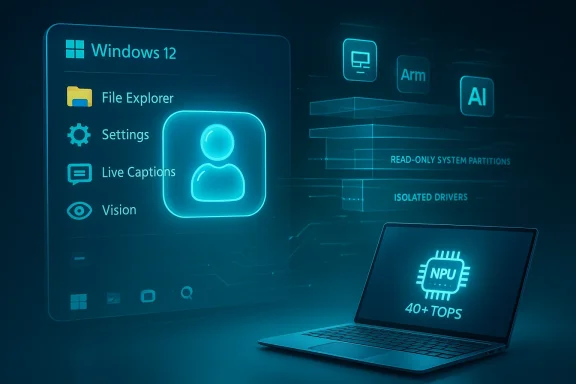 Futuristic Windows 12 UI panels hover above a laptop displaying an NPU with 40+ TOPS.