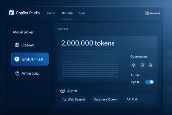 Copilot Studio UI showing a model picker and a 2,000,000-token context with governance controls. Copilot Studio UI showing a model picker and a 2,000,000-token context with governance controls.