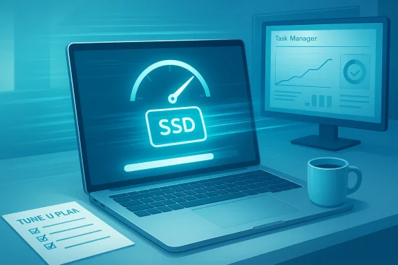Blue-toned desk with a laptop displaying an SSD speed gauge and a monitor showing Task Manager.