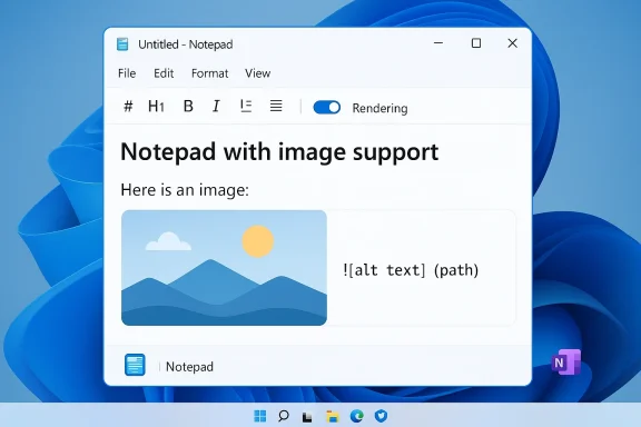 Windows Notepad window titled 'Notepad with image support' showing a sample image and markdown text. Windows Notepad window titled 'Notepad with image support' showing a sample image and markdown text.