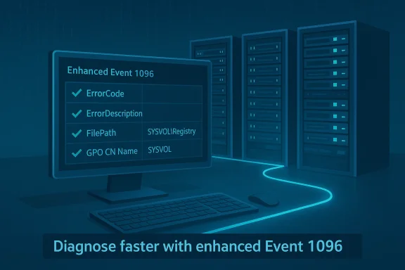 A blue-toned data center with a workstation and server racks showing Enhanced Event 1096 diagnostics.